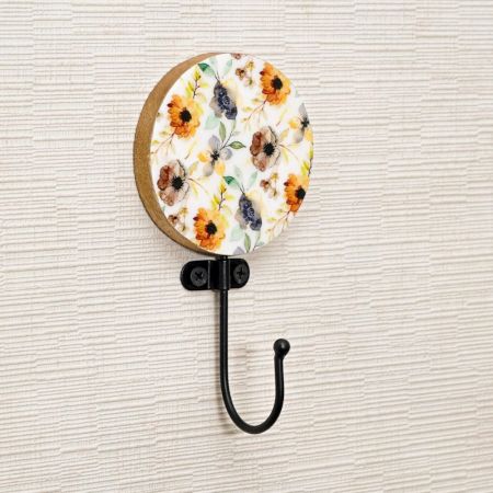 Multicolor Floral Pattern Round Wood and Resin Wall Mounted Hooks